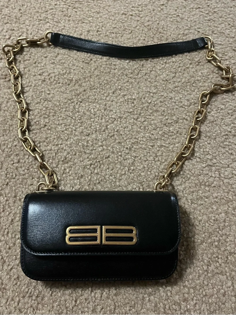 Balenciaga Black Leather Crossbody with Gold Chain and Logo